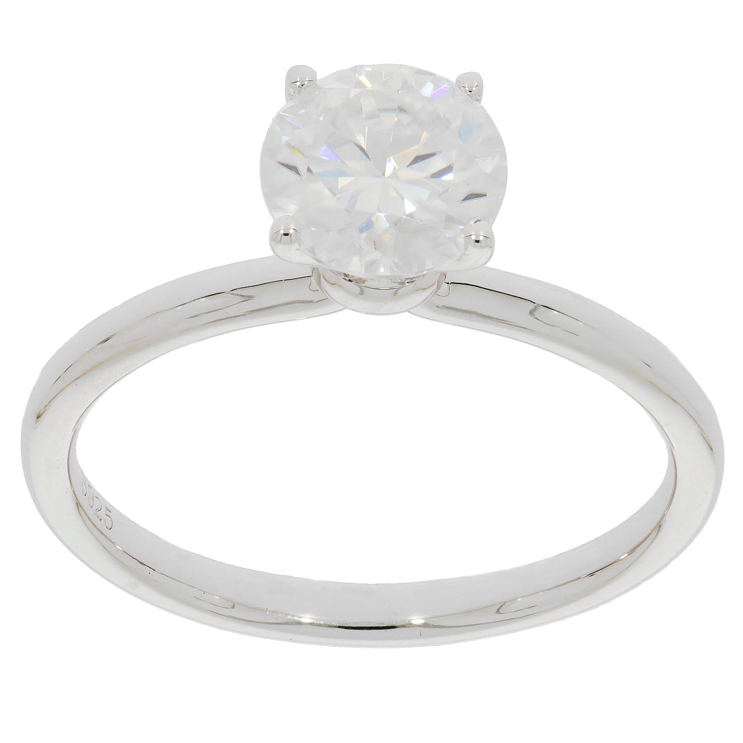 Round white Moissanite ring in sterling silver, featuring a brilliant gemstone design for elegant style.