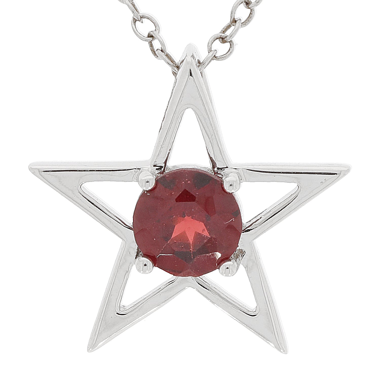 Red garnet sterling silver star pendant necklace, showcasing a round gemstone in a stylish star design.