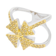 Elegant silver ring with yellow diamond accents in a unique geometric design, perfect for stylish jewelry collections.