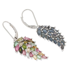 Elegant multi color sapphire sterling silver earrings showcasing vibrant gemstones in a unique leaf design.