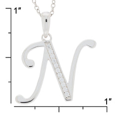 Elegant sterling silver letter 'N' pendant, adorned with sparkling gemstones, perfect for personalized jewelry.