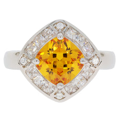 Stunning diamond-shaped ring featuring a vibrant yellow gemstone center and sparkling accent stones.