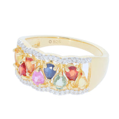 Elegant multiple color sapphire ring in sterling silver, featuring sparkling gemstones and intricate design.