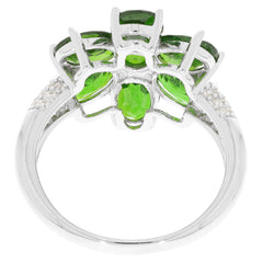 Oval Green Chrome Diopside Sterling Silver Ring with sparkling accents, showcasing lush green gemstones.