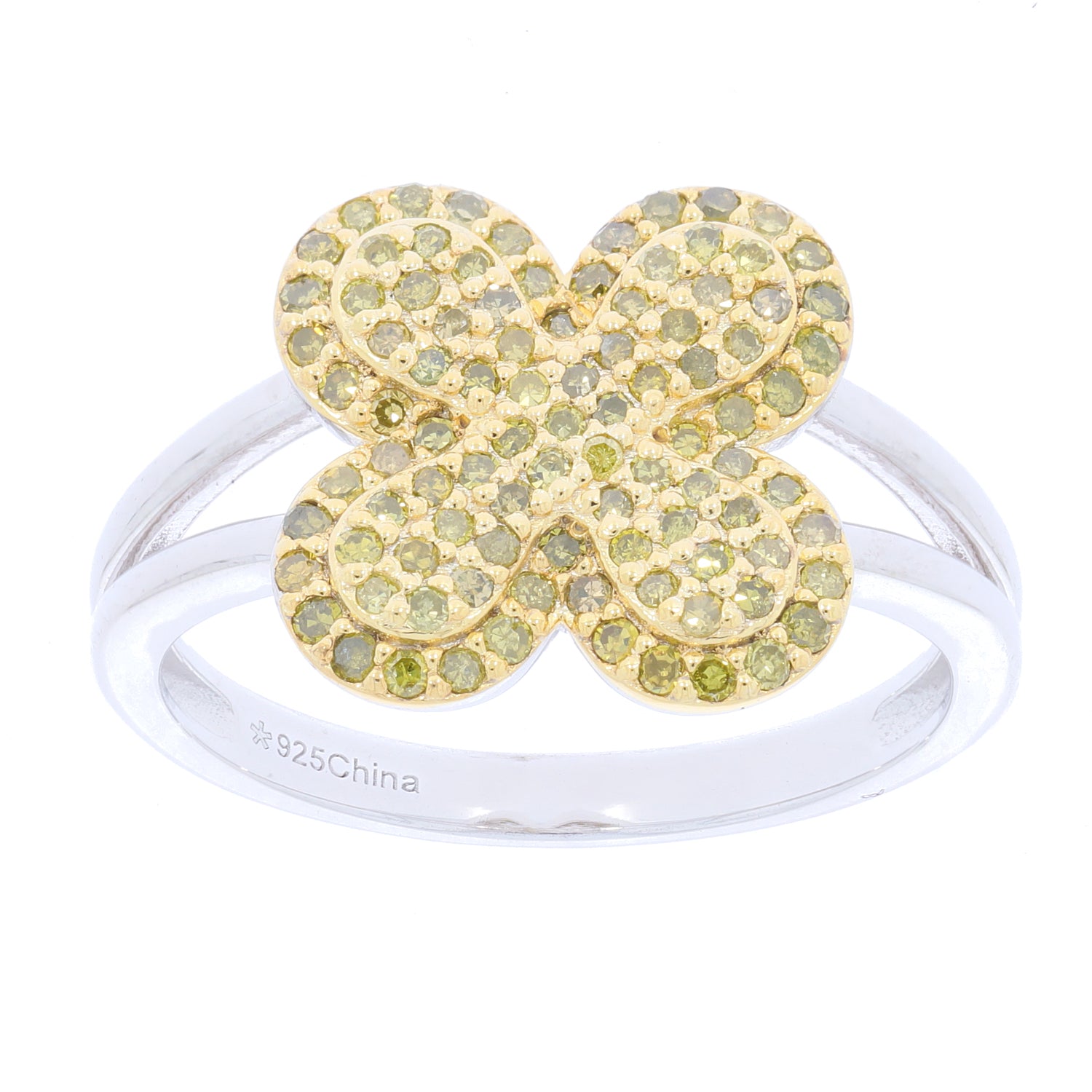Elegant green diamond flower ring in sterling silver, featuring a dazzling pave setting for a touch of luxury.