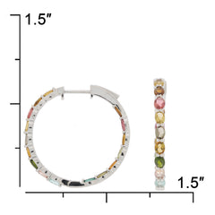 Colorful gemstone hoop earrings in sterling silver, measuring 1.5 inches, showcasing a vibrant array of stones.