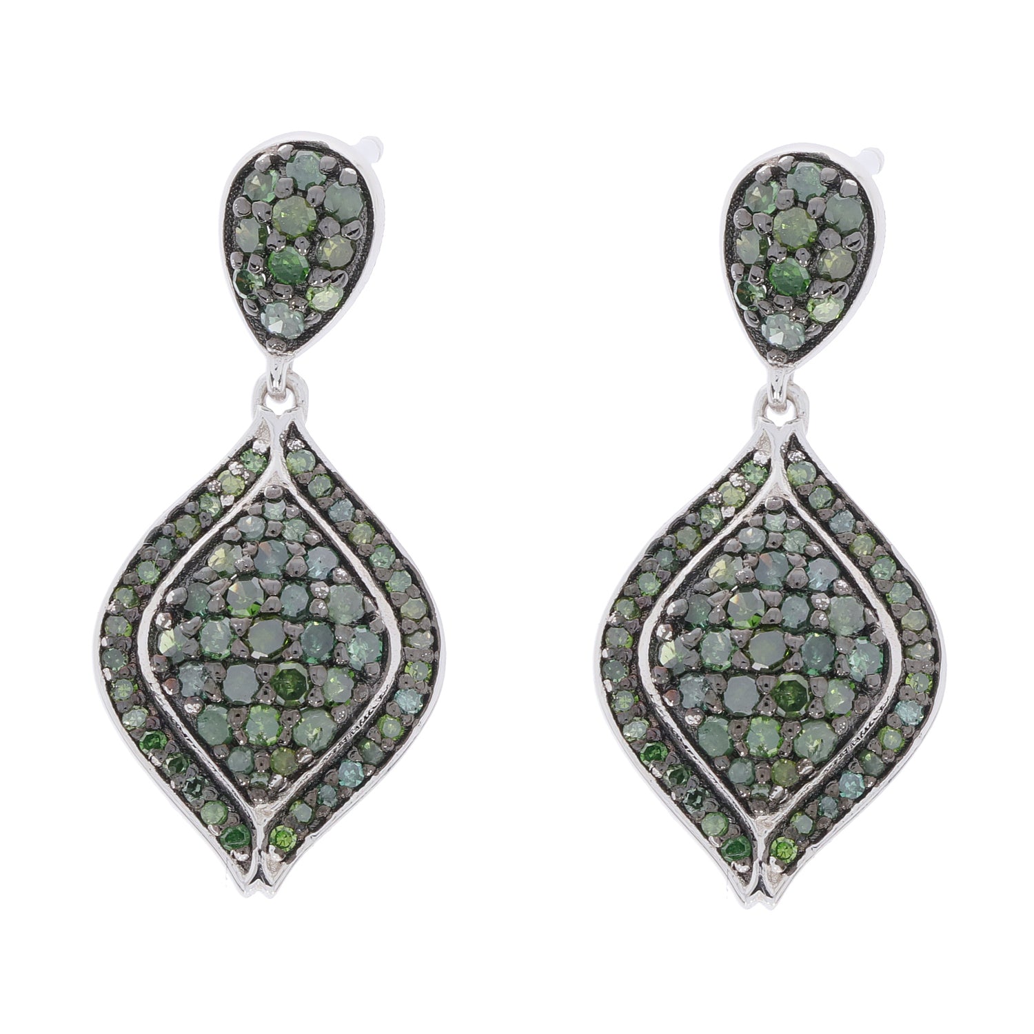 Elegant green diamond sterling silver earrings featuring a sparkling gemstone design, radiating luxury and sophistication.
