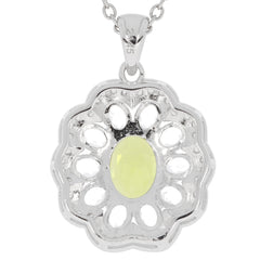 Elegant green peridot sterling silver pendant with intricate floral design and sparkling gemstone accent.