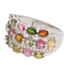 Oval multiple color tourmaline sterling silver ring with sparkling accents, showcasing vibrant gemstones.
