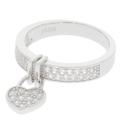 White Moissanite sterling silver ring featuring sparkling accents and a heart charm, perfect for elegant style.