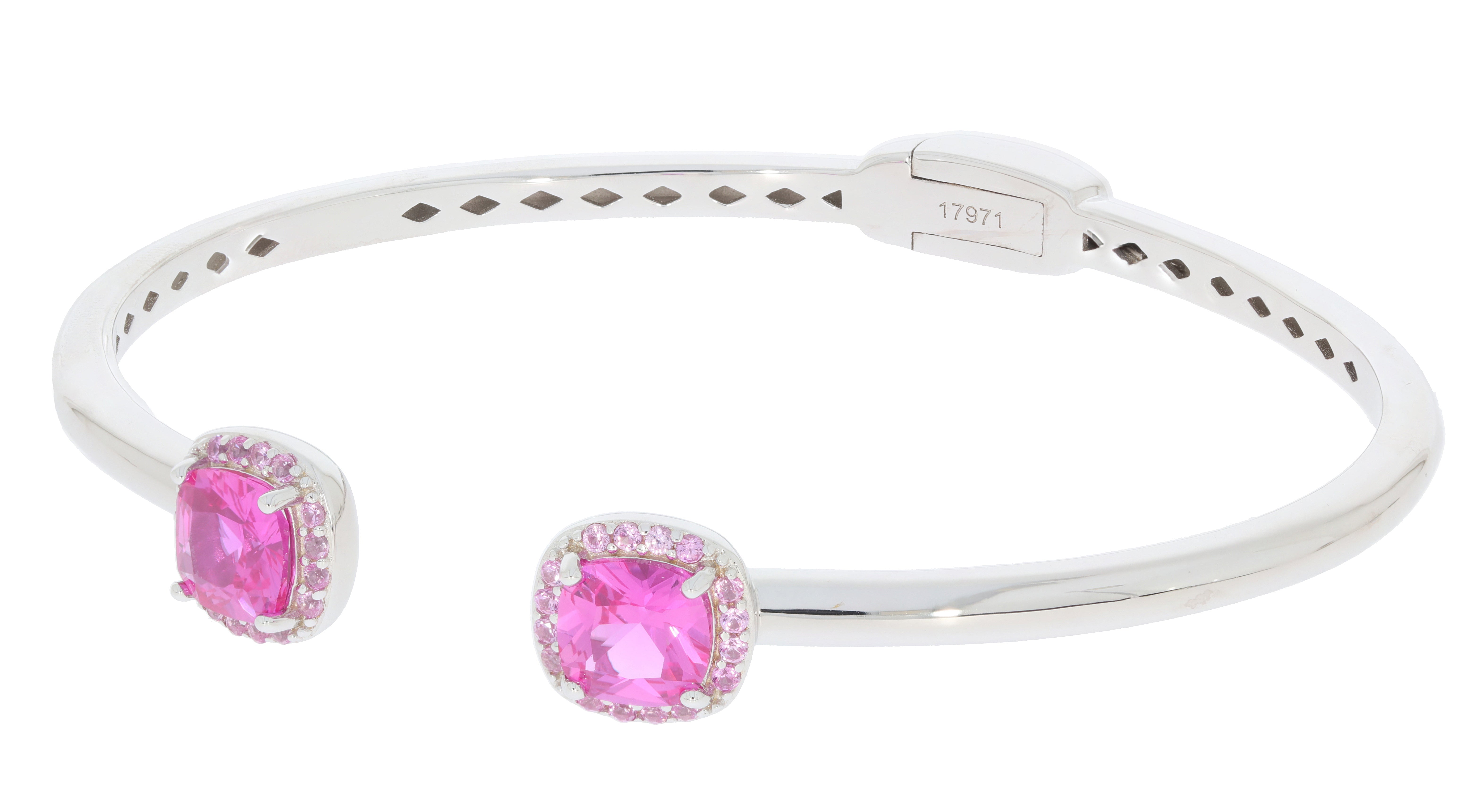 Pink Sapphire Sterling Silver Bangle with sparkling gemstones, perfect for elegant style and luxury fashion.