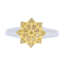 Yellow diamond sterling silver ring with intricate floral design, perfect for elegant occasions.