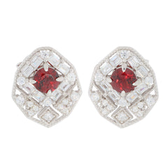 Round red garnet sterling silver earrings with moissanite accents, elegant and luxurious jewelry piece.