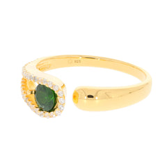 Elegant gold ring featuring a round green gemstone center with sparkling accents, ideal for sophisticated jewelry collections.