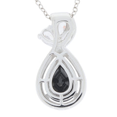 Pear Black Moissanite sterling silver pendant with elegant cutout design and sparkling gemstone accent.