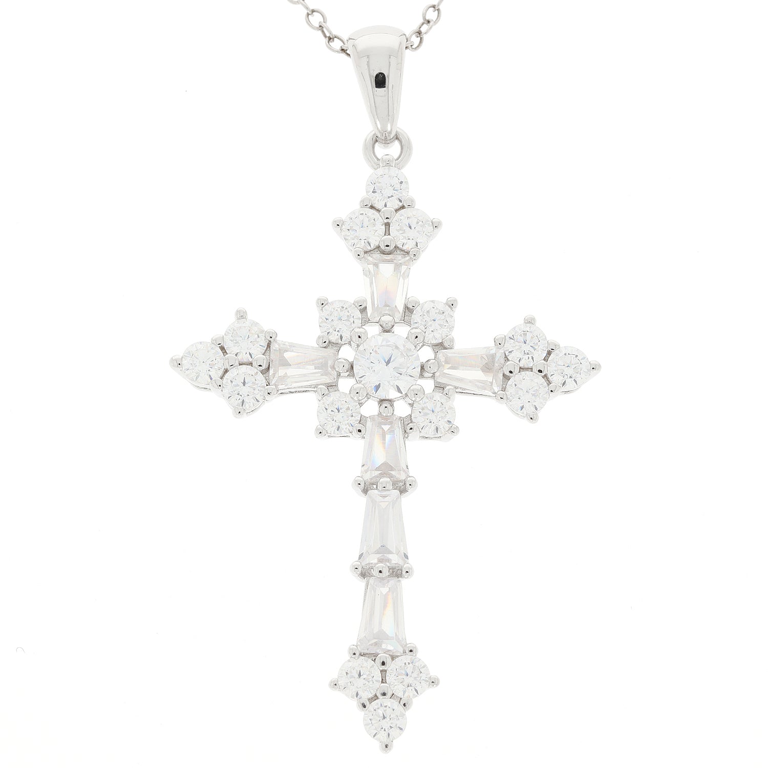 Elegant white Moissanite sterling silver cross pendant with sparkling gemstones, perfect for any sophisticated jewelry collection.