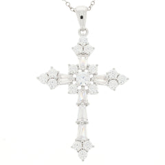 Elegant white Moissanite sterling silver cross pendant with sparkling gemstones, perfect for any sophisticated jewelry collection.