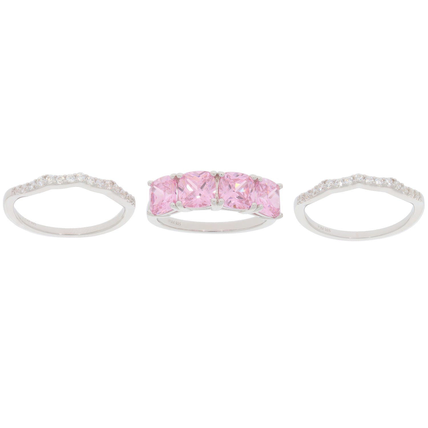 Three elegant rings featuring pink gemstones set in sterling silver, perfect for stylish accessorizing.