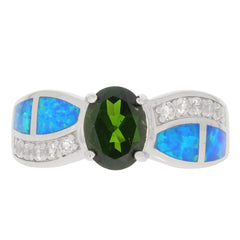 Green Chrome Diopside sterling silver ring with opal accents, showcasing elegance and luxury with sparkling gemstones.
