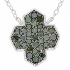 Green Diamond Sterling Silver Necklace featuring a unique cross design with sparkling green gemstones.