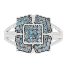 Blue diamond sterling silver ring featuring a flower design with sparkling gemstones, ideal for elegant occasions.