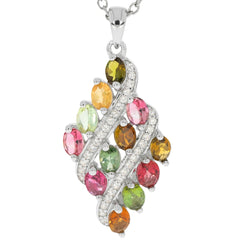 Oval multiple color sapphire sterling silver pendant with accents, showcasing vibrant gemstones in an elegant design.