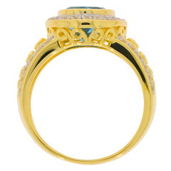 Elegant oval blue topaz sterling silver ring with moissanite accents, showcasing intricate design details.