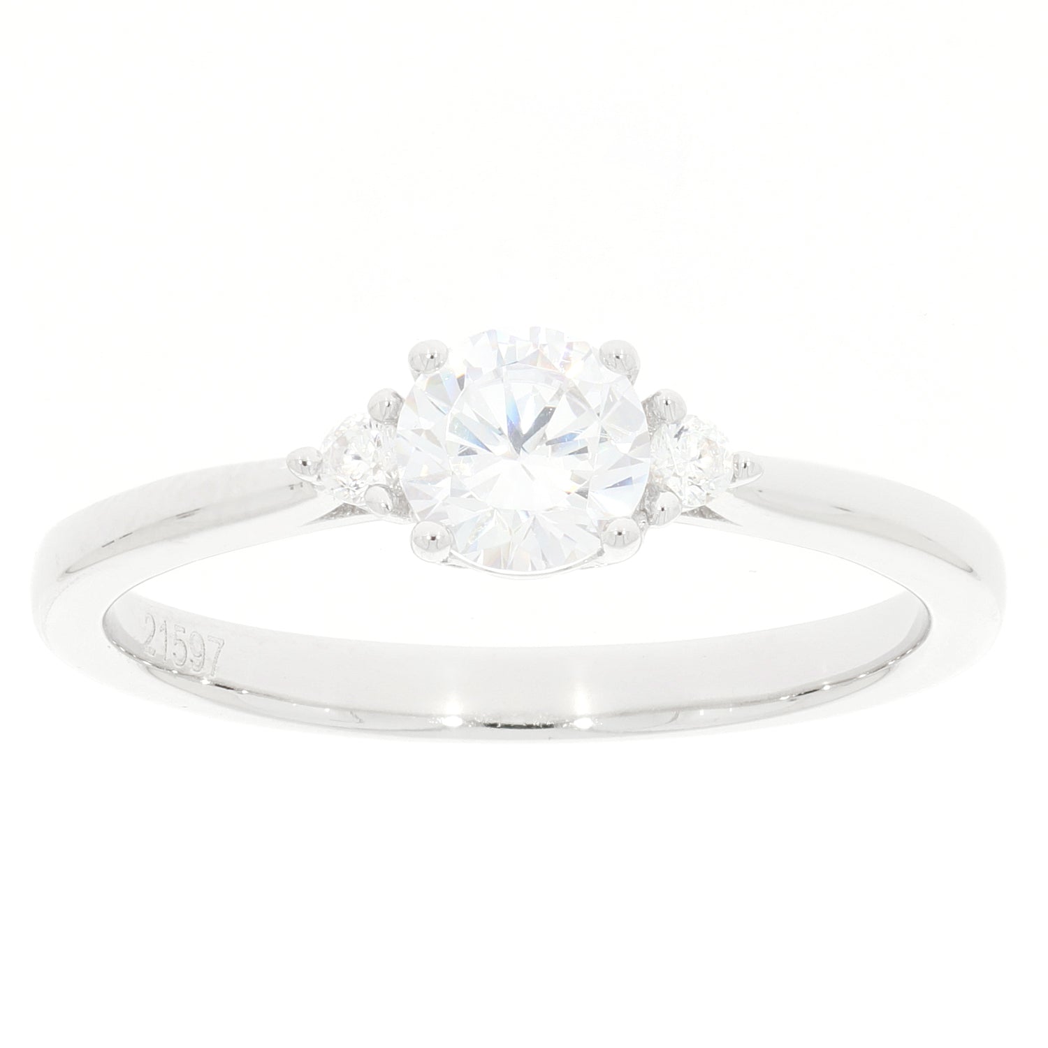 White Moissanite sterling silver ring with accent stones, featuring a brilliant round-cut gemstone in a sophisticated design.