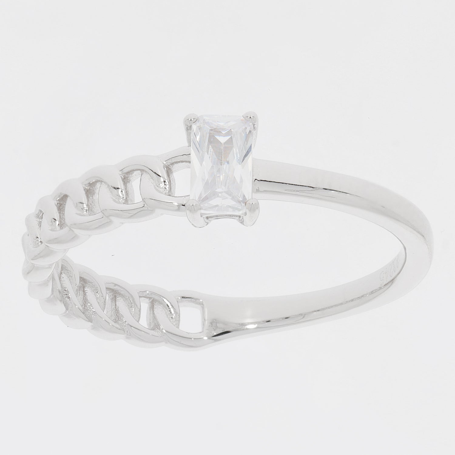 Emerald White Moissanite Sterling Silver Ring with accent, featuring a radiant gemstone and elegant chain design.