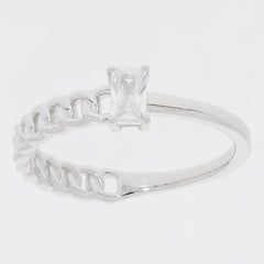 Emerald White Moissanite Sterling Silver Ring with accent, featuring a radiant gemstone and elegant chain design.