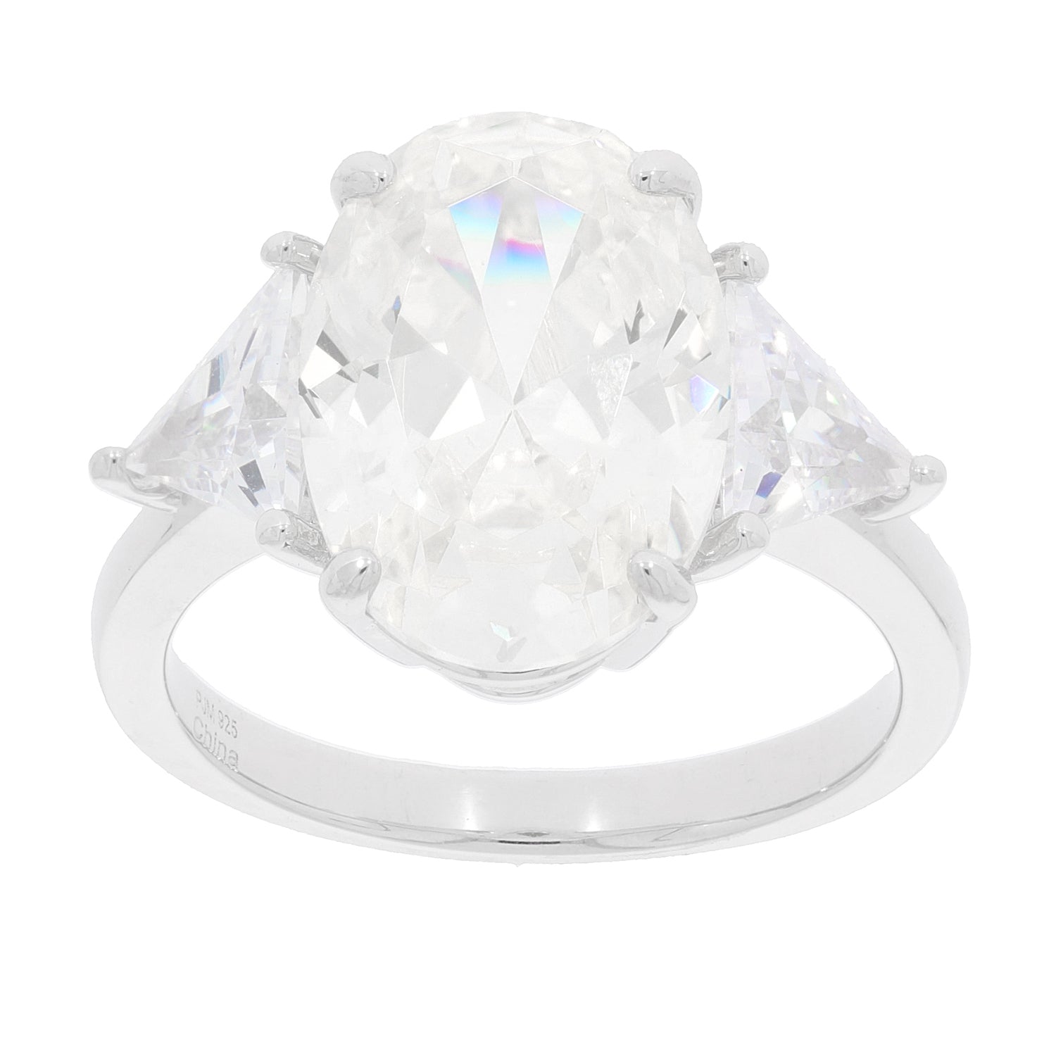 Elegant sterling silver ring featuring a large oval diamond and triangular accent stones, perfect for luxury jewelry collections.