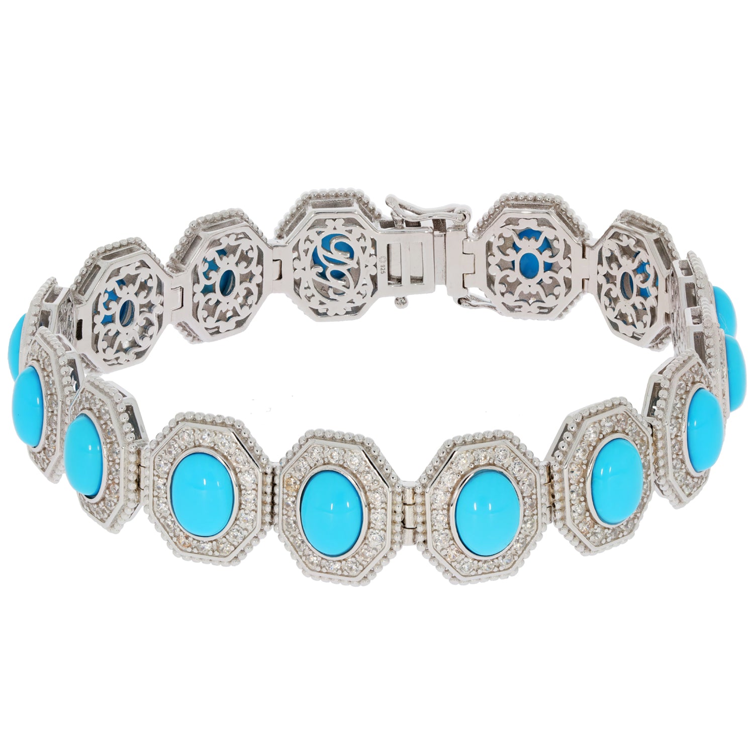 Oval Blue Turquoise Sterling Silver Bracelet with sparkling gemstone accents, elegant design, perfect for any sophisticated collection.
