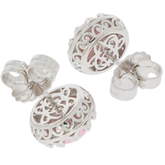 Round pink pearl sterling silver earrings with elegant filigree design, perfect for adding sophistication to any outfit.