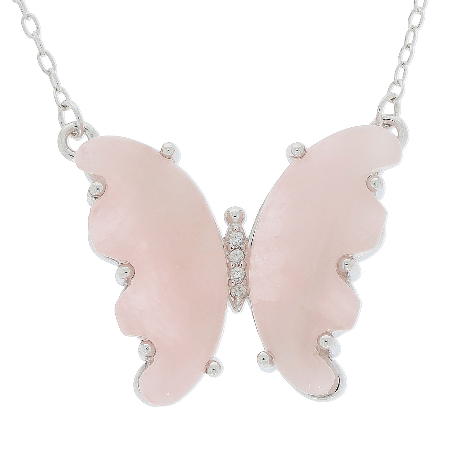 Pink butterfly pendant necklace in sterling silver, featuring sparkling accents for a delicate and elegant look.