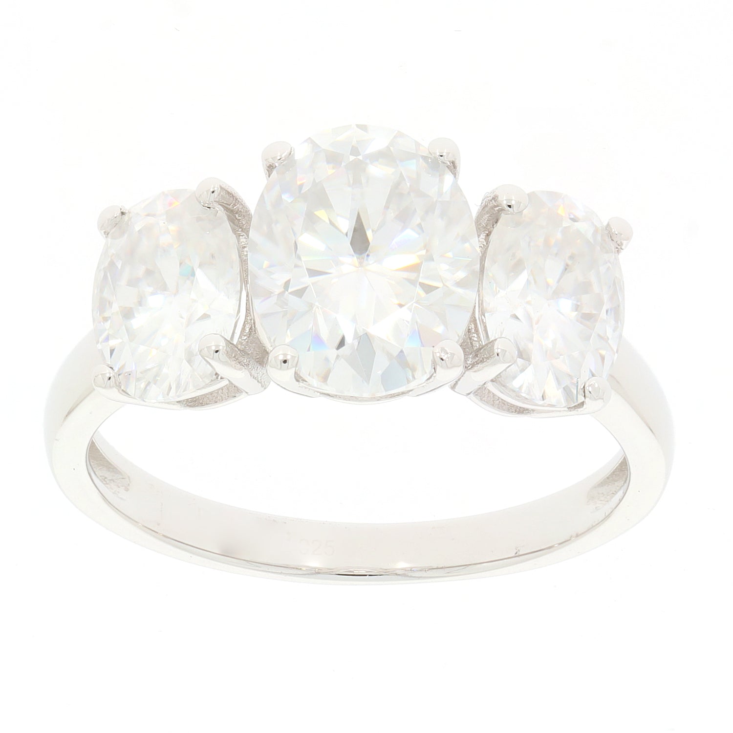Elegant White Moissanite Sterling Silver Ring with three sparkling gemstones, perfect for sophisticated style.