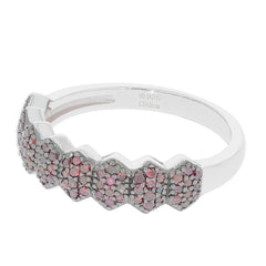 Red diamond sterling silver ring with accent stones, featuring a stylish geometric design.