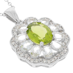 Green Peridot sterling silver pendant with floral design and sparkling accents, perfect for elegant occasions.