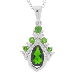 Elegant Green Chrome Diopside Sterling Silver Pendant with Diamond accents, showcasing a vibrant pear-shaped gemstone.