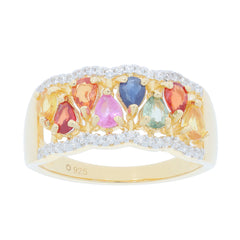 Colorful sapphire sterling silver ring with multiple gemstones and diamond accents for luxury style.