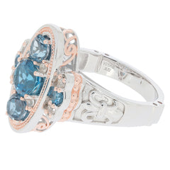 Elegant Blue London Topaz Sterling Silver and Rose Gold Ring with intricate design and sparkling gemstones.