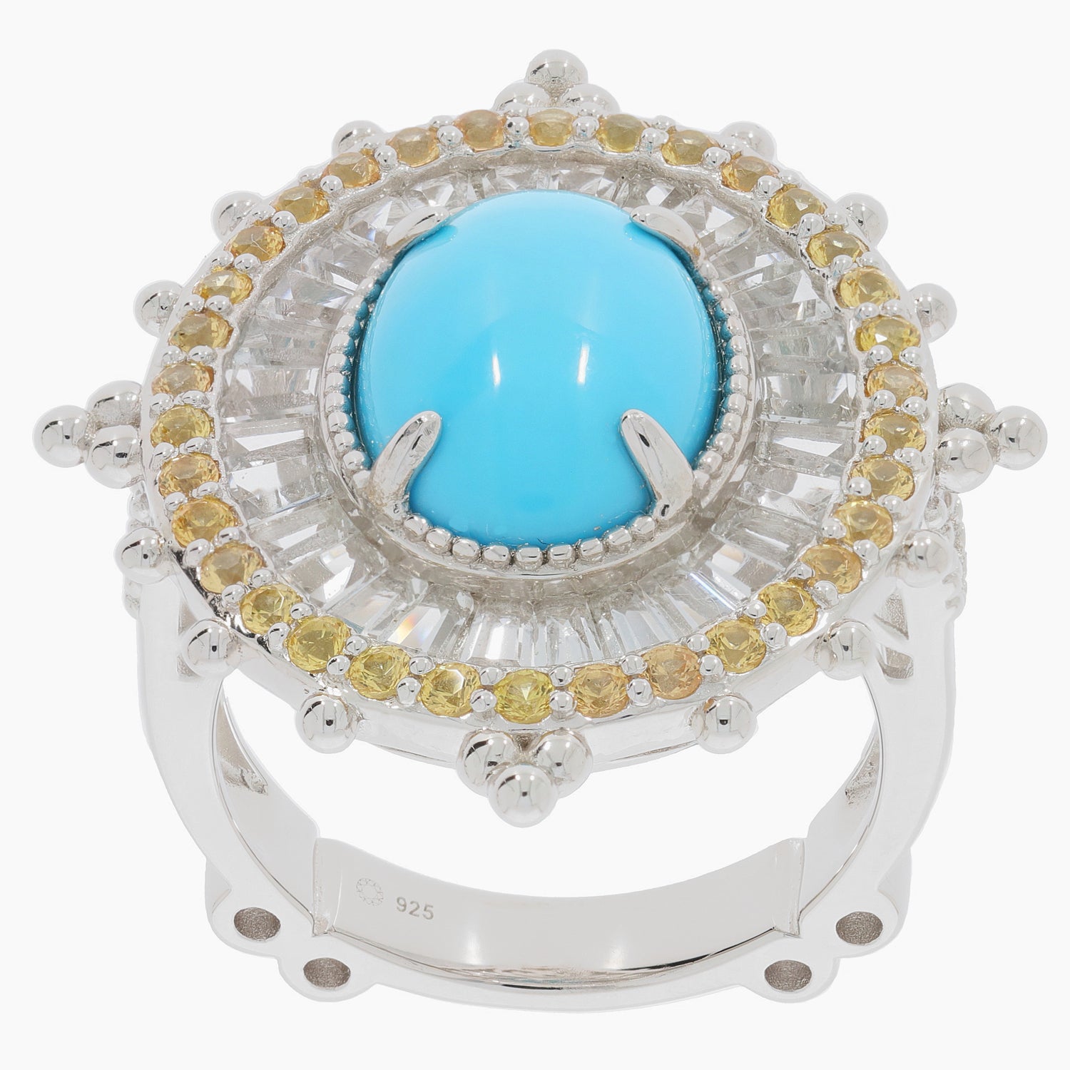 Oval blue turquoise sterling silver ring with yellow accents and sparkling stones, an elegant statement piece.