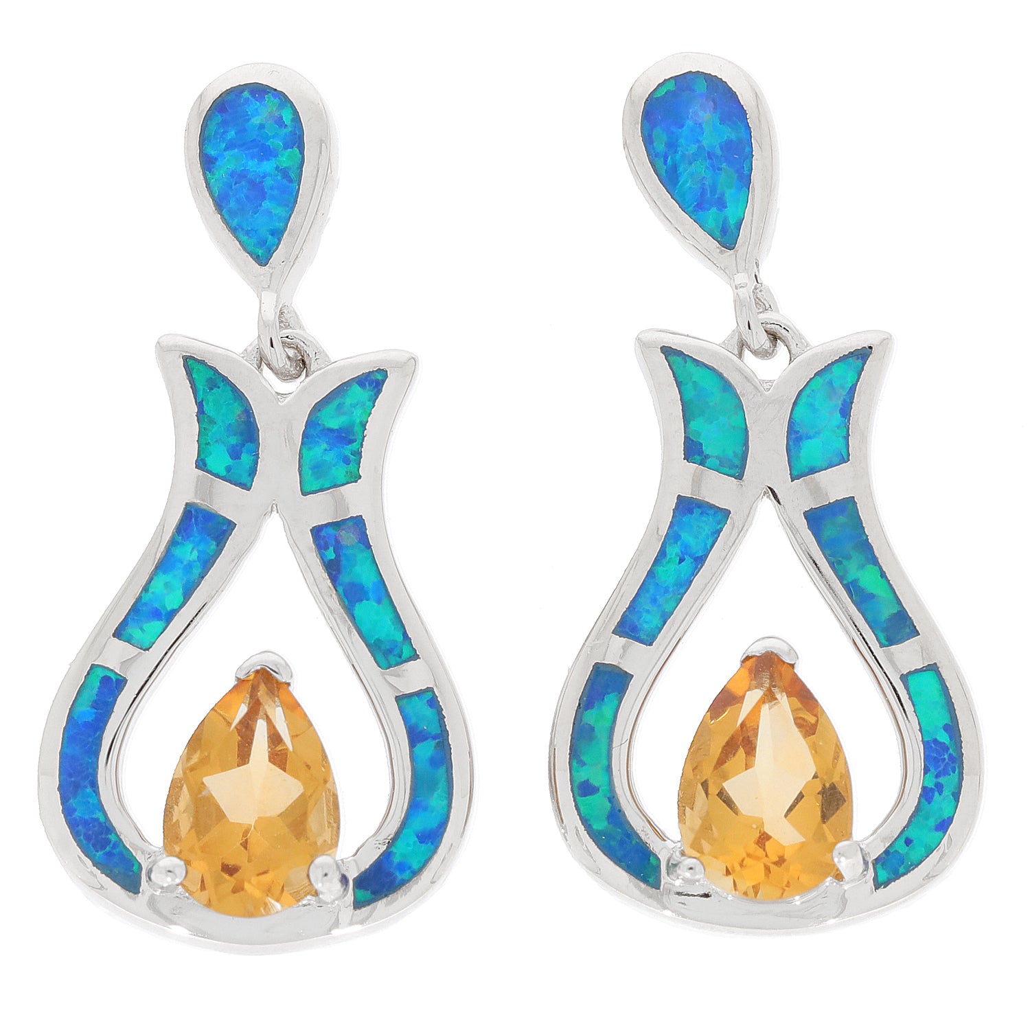 Yellow citrine sterling silver earrings with opal accents, featuring a unique design and vibrant colors.