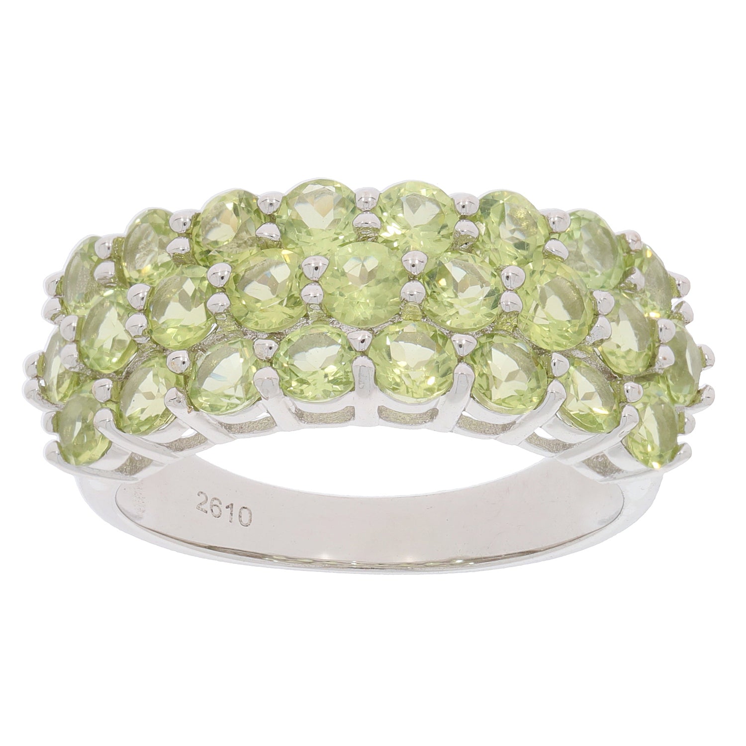 Elegant sterling silver ring adorned with multiple round green gemstones in a stunning design.