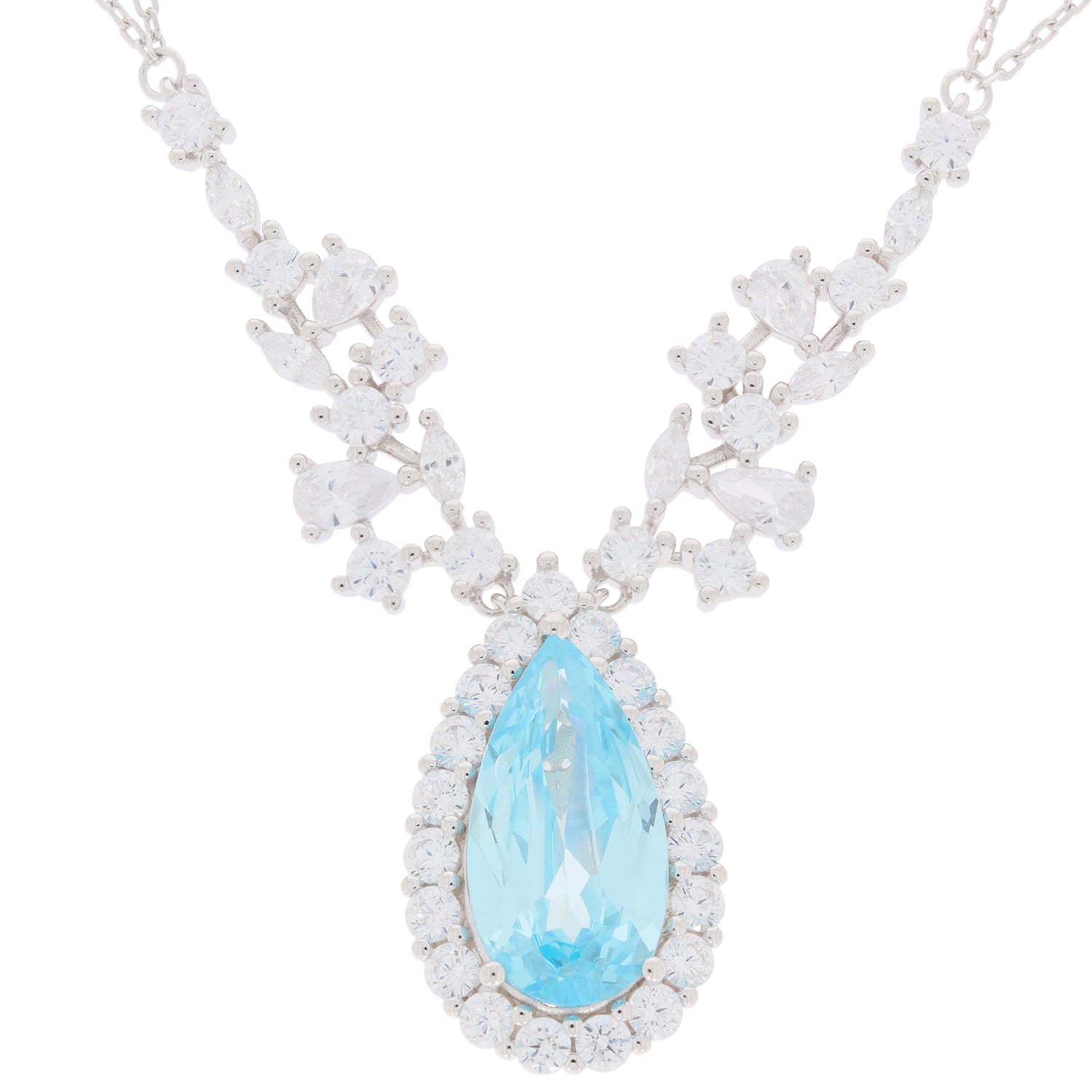 Elegant pear blue topaz sterling silver necklace with sparkling accent stones, perfect for sophisticated style.