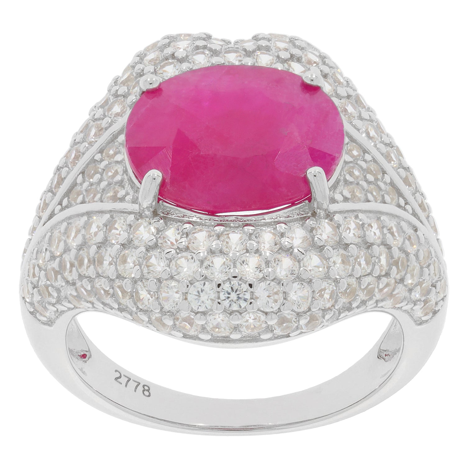Oval red Moissanite ring in sterling silver, surrounded by sparkling accents, perfect for elegant occasions.