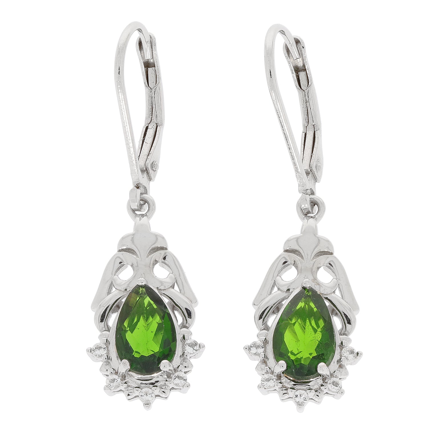 Elegant green Chrome Diopside sterling silver earrings with diamond accents, designed for a sophisticated look.