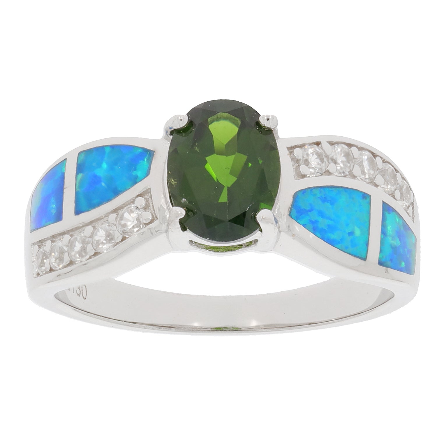 Green Chrome Diopside sterling silver ring with opal accents and sparkling gemstones.