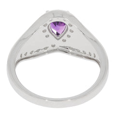 Elegant purple amethyst sterling silver ring featuring a heart-shaped gemstone and intricate detailing.