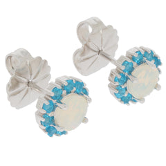 Round white opal sterling silver earrings with vibrant gemstone accents, elegant and luxurious jewelry.