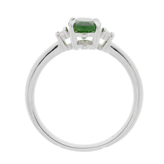 Oval green chrome diopside sterling silver ring with moissanite accent, showcasing elegance and luxury.